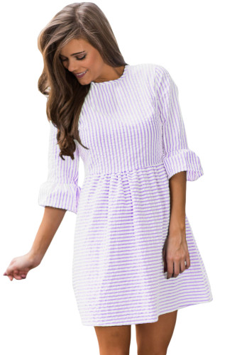 Purple White Stripe Flounce Sleeve Seersucker Dress