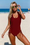 Purplish Red Lace up Side Accent Open Back One-piece Swimsuit
