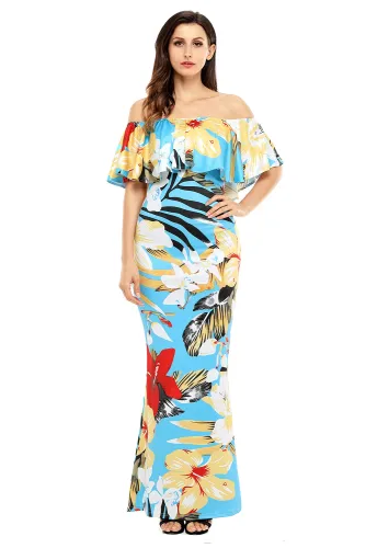 Teal Yellow Floral Print Off Shoulder Maxi Boho Dress
