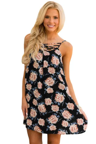 Black Floral Print Crisscross Neckline Shift Dress