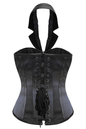 Black Satin Leather Steampunk Corset with collar
