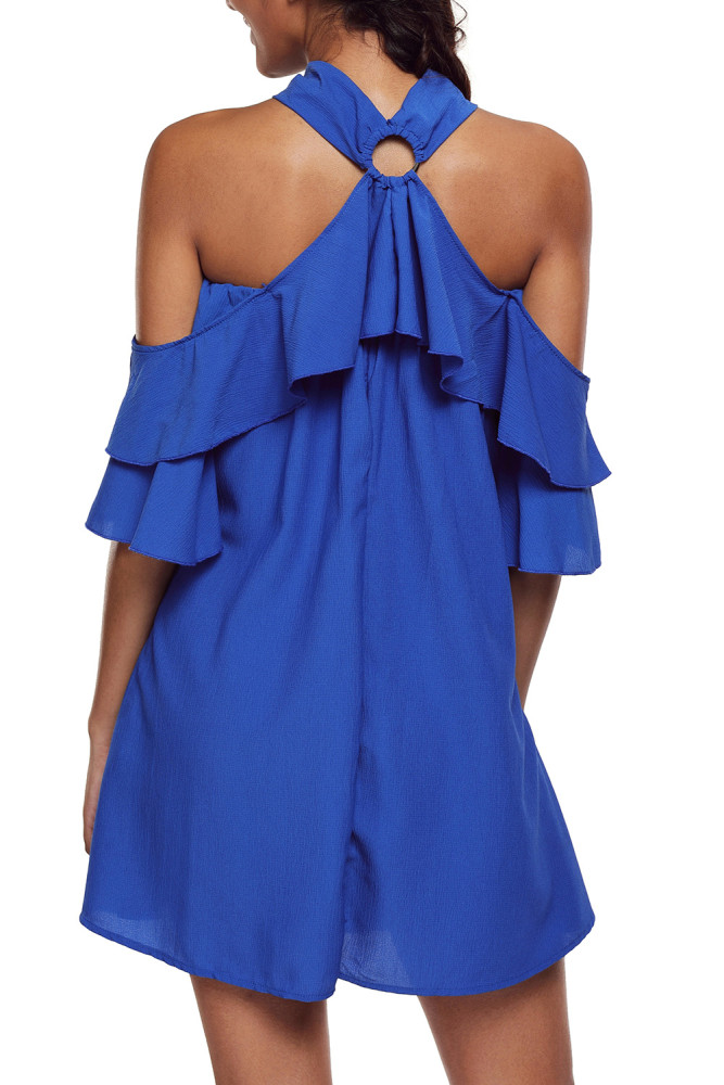 Blue Adorable Sexy O Ring Detail Ruffle Dress