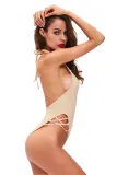 Fleshcolor Lace up High Cut Low Back Teddy