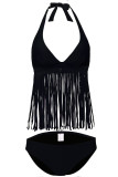 Black 2pcs Fringe Halter Bikini Swimsuit