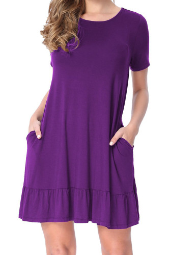 Purple Short Sleeve Draped Hemline Casual Shirt Dress