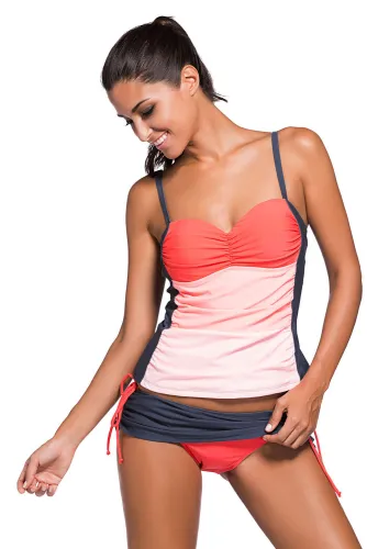 Orange Ombre Bandeau Tankini Grey Skort Set