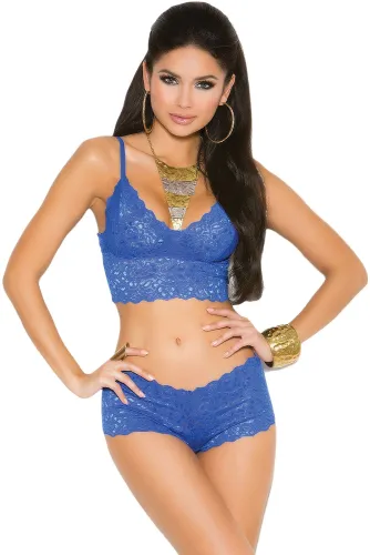Blue Stretch Lace Bralette Lingerie Set