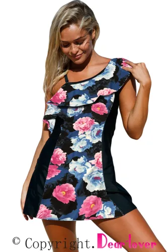 Chic Floral Print 1pc Swim Dress with Shorts
