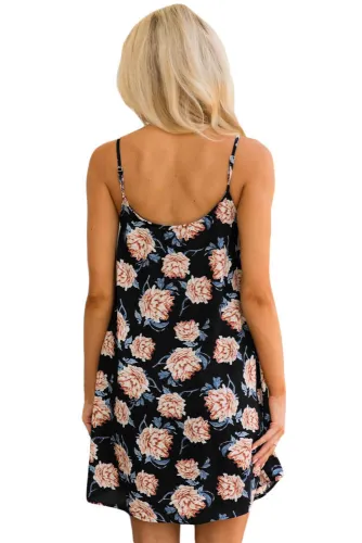 Black Floral Print Crisscross Neckline Shift Dress