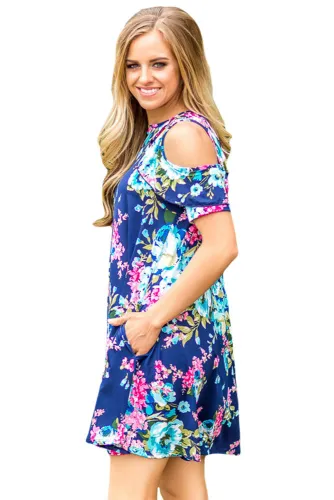 Ruffled Cold Shoulder Blue Floral Dress