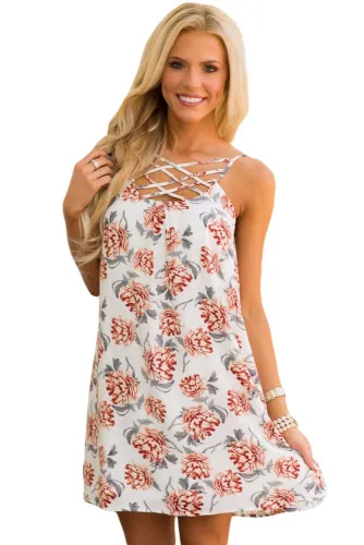 White Floral Print Crisscross Neckline Shift Dress