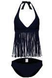 Navy Blue 2pcs Fringe Halter Bikini Swimsuit