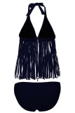 Navy Blue 2pcs Fringe Halter Bikini Swimsuit