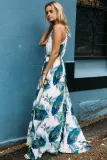 Turquoise Tropical Leaf Print Sexy V Neck Maxi Dress