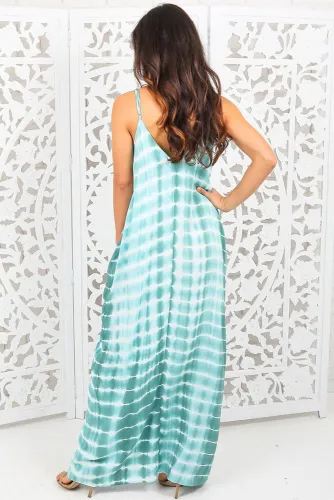 Mint Tie Dye Print Boho Pocketed Maxi Dress