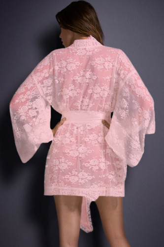 Pink Belted Lace Kimono Nightwear