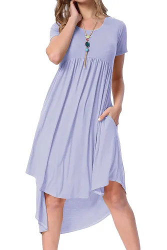 Mauve Short Sleeve High Low Pleated Casual Swing Dress
