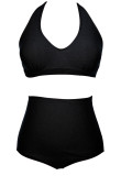 Solid Black Plus Size Halter Bikini Swimsuit
