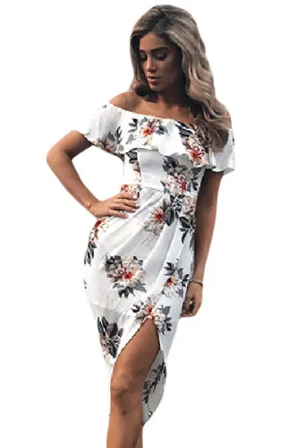 Stylish Floral Ruffle Off Shoulder Wrap Boho Dress