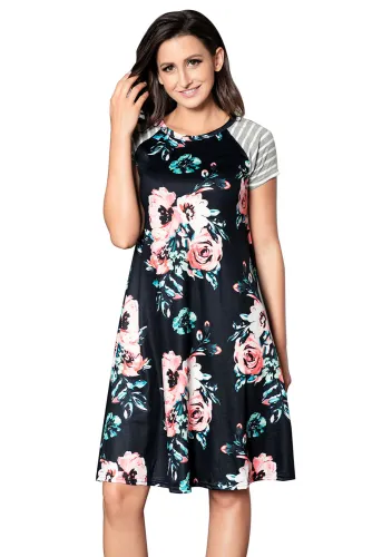 Black Backdrop Floral Print A-line Loose T-shirt Dress