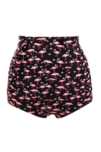 Waterfowl Print Black Retro High Waist Swim Bottom