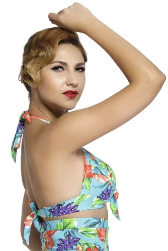 Floral Print Bluish Retro Tie Front Bikini Top