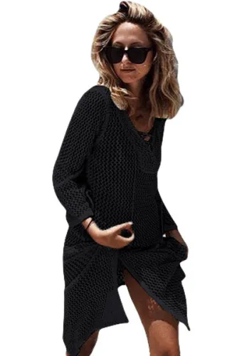 Black Lace-up Neck Long Fishnet Beachwear Dress