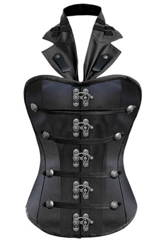 Black Satin Leather Steampunk Corset with collar