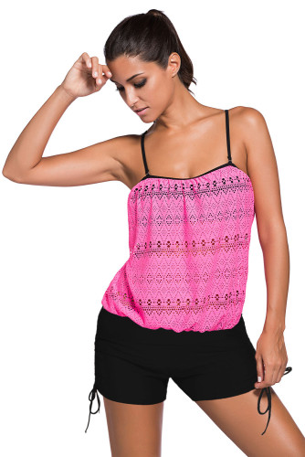 Pink Lace Overly Black 2pcs Bandeau Tankini Swimsuit