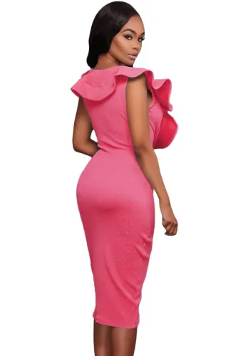 Rosy Ruffle V Neck Bodycon Midi Dress