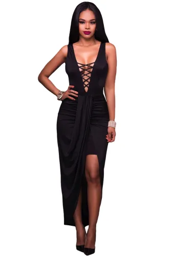 Black Deep Crisscross V Neck Draped Party Dress