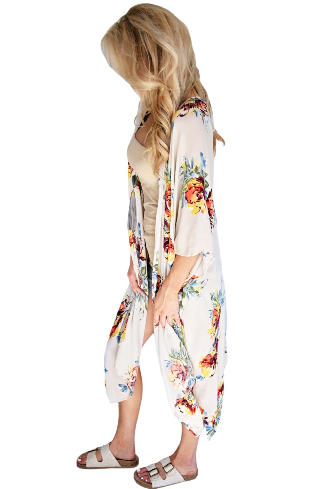 Ivory Floral Side Slit Boho Kimono
