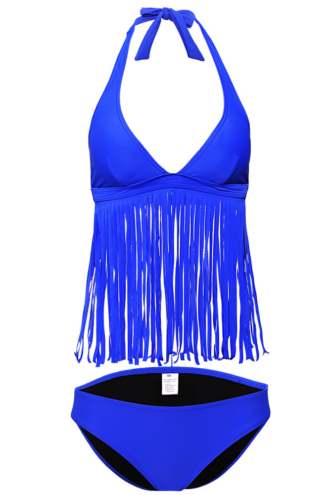 Royal Blue 2pcs Fringe Halter Bikini Swimsuit