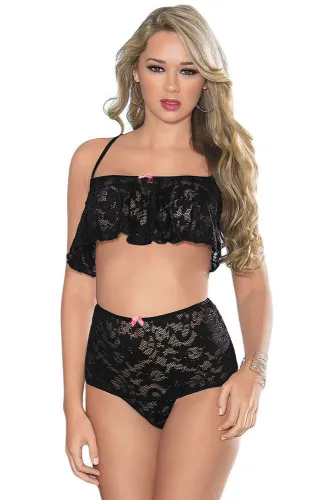 Black High Waist Lace Cami Set