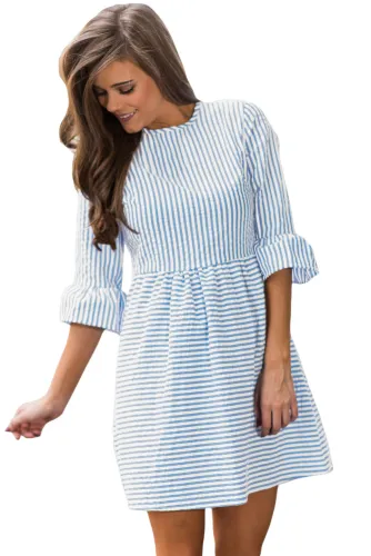 Navy White Stripe Flounce Sleeve Seersucker Dress