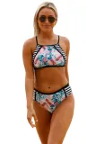 2pcs Floral Strappy High Neck Bathing Suit
