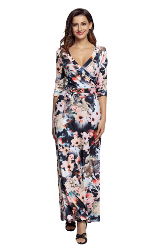 Dark Floral Print Wrapped Long Boho Dress