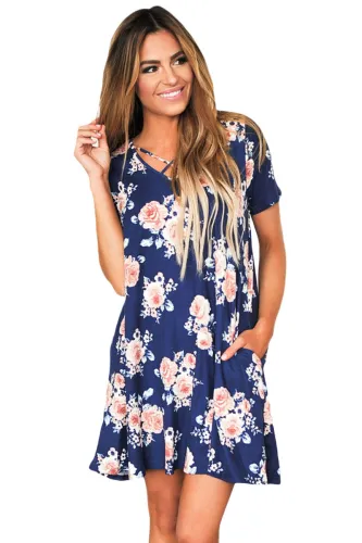 Blue Cross Strap Neck Summer Floral Dress