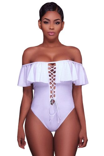 White Ruffle Off-The-Shoulder One Piece Swimsuit