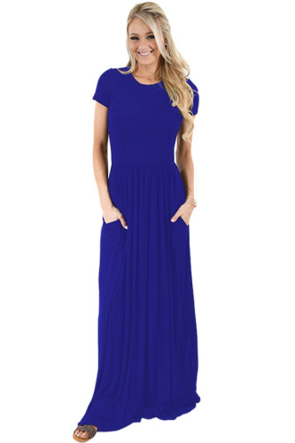 Blue Short Sleeve Ruched Waist Maxi Dress