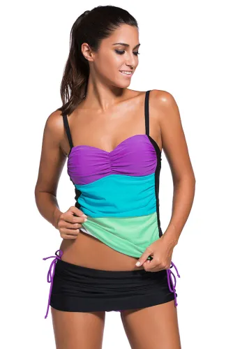 Purple Colorblock Bandeau Tankini Black Skort Set
