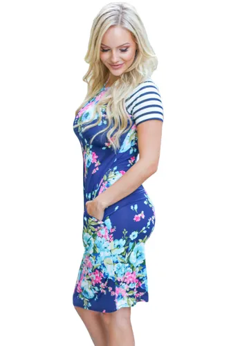Royal Blue Striped Short Sleeve Body-hugging Floral Dress