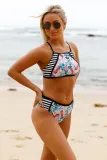 2pcs Floral Strappy High Neck Bathing Suit