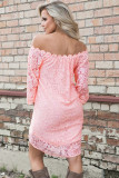 Pink Off The Shoulder 3/4 Sleeve Floral Lace Dress