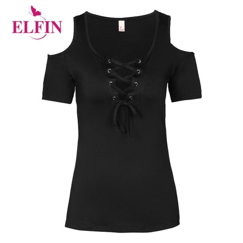Summer Women T Shirt Solid Color With Lace Up Bandage Criss Cross Casual Short Sleeve Tshirt Cold Shoulder Tees Tops 5XL LJ9628R