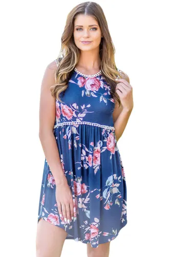 Blue Lace Trim Floral Boho Dress