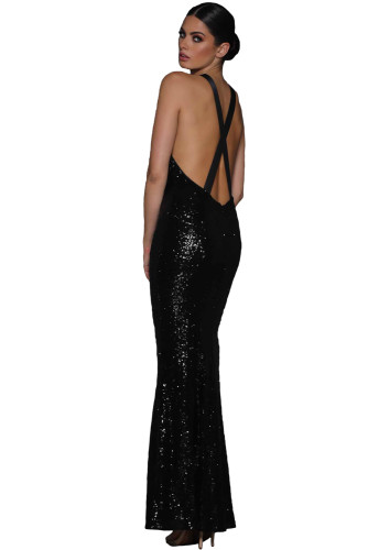 Black Crossover Low Back Sequin Gown