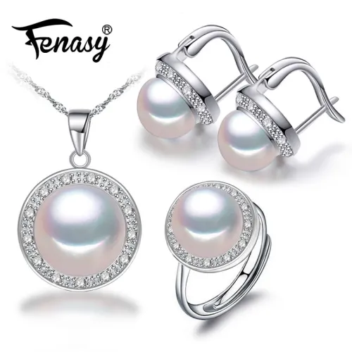 FENASY Freshwater pearl jewelry sets for women fashion trendy s925 sterling silver necklace & pendant earrings ring 2018 new