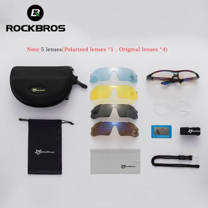 ROCKBROS Polarized Sports Men Sunglasses Road Cycling Glasses Mountain Bike Bicycle Riding Protection Goggles Eyewear 5 Lens