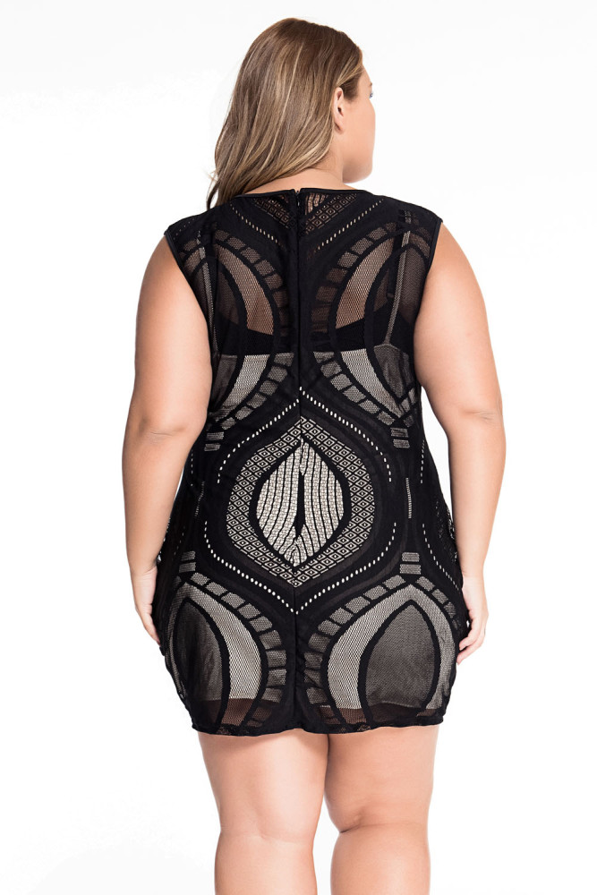 Black Optical Lace Nude Illusion Sleeveless Bodycon Dress